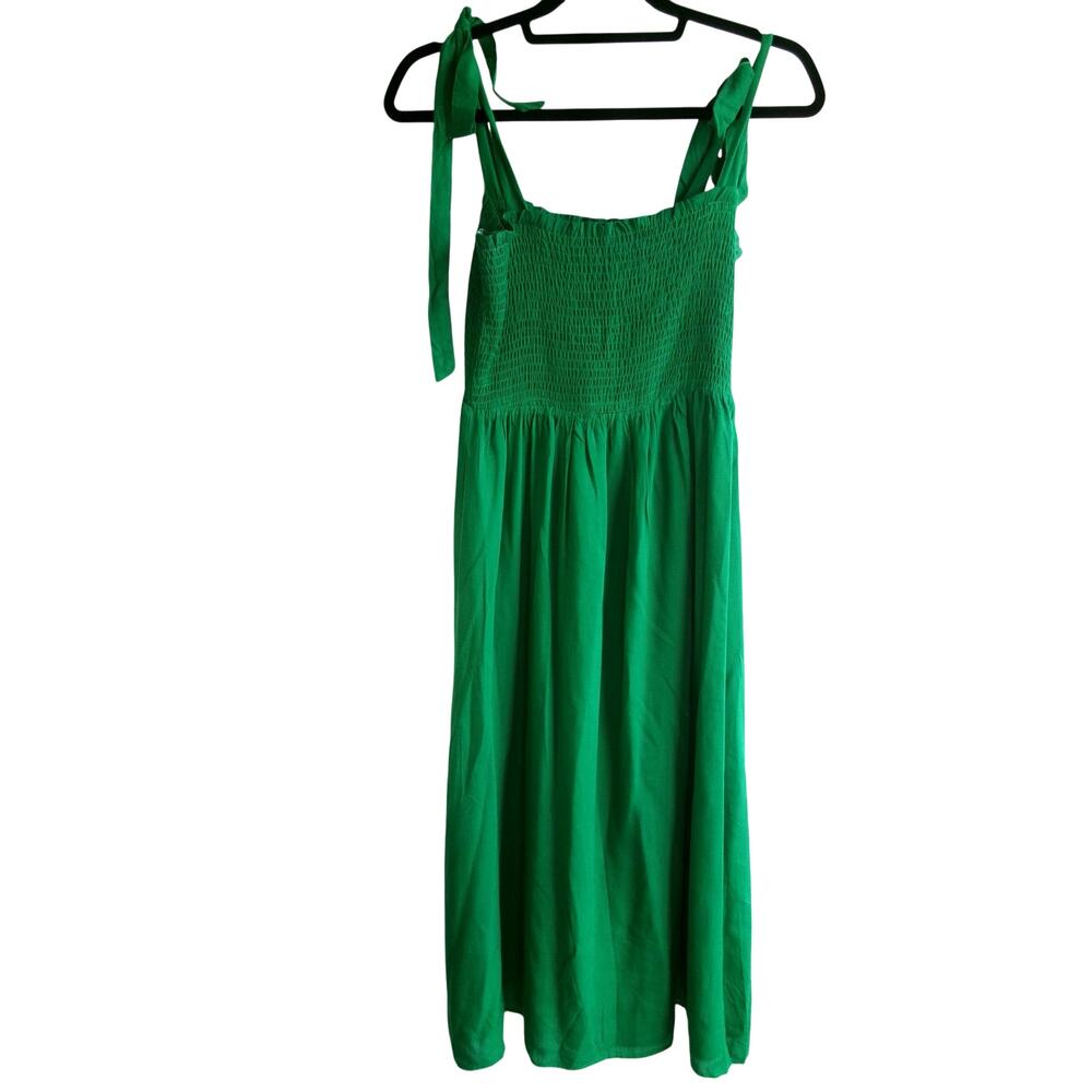 Lulus Green Smocked Tie Strap Midi Dress Rayon Women's Medium Boho